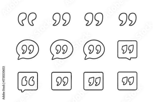 Quote icon vector set. Quotemarks outline, speech marks, inverted commas, talking marks collection. Line art illustration for citation, dialogue, comment, feedback symbols.