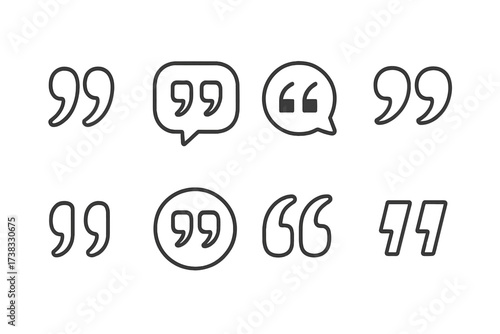 Quote marks icon vector set. Quotemarks outline collection. Speech marks, inverted commas, and talking marks graphic. Citation symbol for dialogue. Line art illustration.