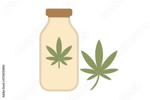 Hemp milk in a bottle with cannabis leaf. Vegan, organic, and lactose-free dairy alternative. Healthy CBD or THC infused drink for wellness. Medical marijuana concept vector.