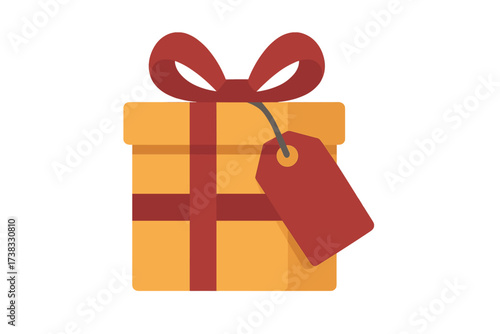 Gift box vector illustration with red ribbon and tag. Present for birthday, christmas, anniversary, or holiday celebration. Flat design concept for shopping, sale, bonus, or reward.