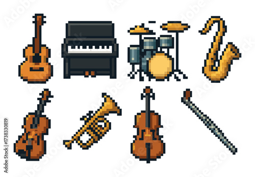 Pixel art musical instruments set with guitar, piano, drums, saxophone, violin, trumpet, cello, and flute
