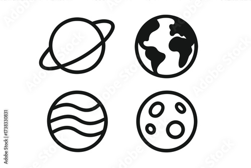 Planet icon set vector illustration. Solar system objects. Earth, Saturn, Moon, Jupiter symbols. Simple black line art. Astronomy science concept. Space exploration graphic element.