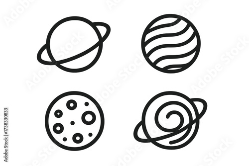 Planet icon set. Collection of simple line art symbols for space, astronomy, and cosmos exploration. Includes Saturn, Jupiter, moon, and galaxy icons. Minimalist vector.