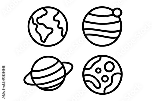 Planet icon set vector collection. Line art illustration of celestial bodies. Earth, Saturn, Jupiter, Mars symbols. Astronomy, space, galaxy, solar system, universe concept.
