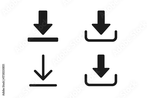 Download vector icon set. Simple black glyph collection for saving data. Arrow pointing down symbol. UI UX web button elements isolated on a transparent background.