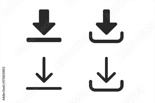 Download icon vector set. Simple arrow down symbol. Collection of flat web buttons for UI and UX design. Graphic element for data transfer, file saving and installation.