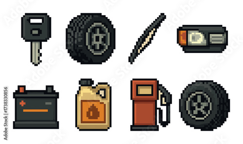 Pixel art car accessories: key, tire, wiper, headlight, battery, oil, pump, fuel