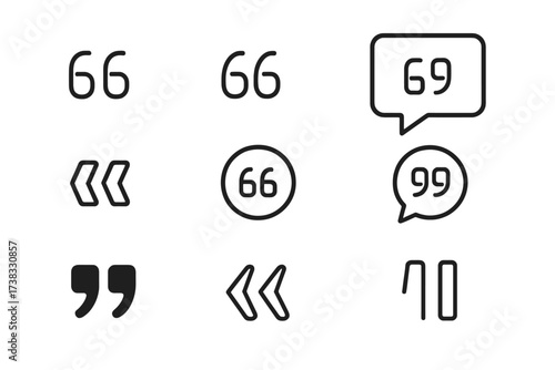 Quote marks icon set. Quotation mark, speech bubble, and dialogue symbol collection. Vector line art illustration for citation, testimonial, comment, or blog post design.