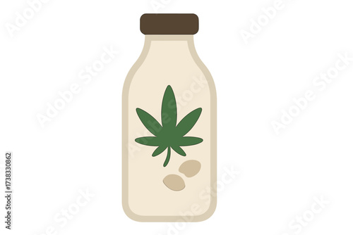 Hemp milk in a bottle vector illustration. Cannabis sativa plant-based drink. Vegan, dairy-free alternative beverage with seeds. Natural, organic, healthy food concept.