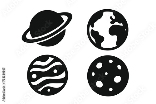 Planet icon set, flat space symbols collection. Vector illustration of celestial bodies. Earth, Saturn, Jupiter, and Moon icons. Black silhouette glyphs for astronomy.