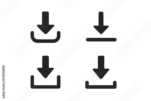 Download icon set vector. Simple black glyph collection for UI UX web design. Button symbol for downloading, saving data, file transfer, upload, archive, and storage.