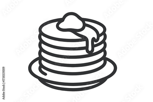 Stack of pancakes with syrup and butter. Line icon vector illustration. Breakfast food concept. Hotcakes or flapjacks for brunch, sweet dessert menu design element. Isolated.