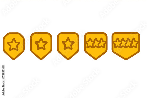 Five star rating vector icon set for customer satisfaction review. Quality feedback and product rank level badges. Golden evaluation system symbols for web and app UI design.