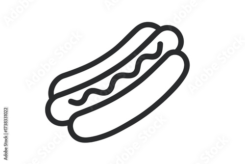 Hot dog icon vector illustration. Simple line art symbol of fast food. Sausage in a bun with mustard. Street food concept for logo or menu. American junk food graphic element.