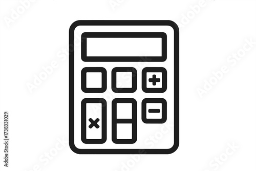 Simple modern calculator icon vector illustration, minimal math device graphic with addition, subtraction, multiplication buttons, black line art on transparent background, digital calculator symbol