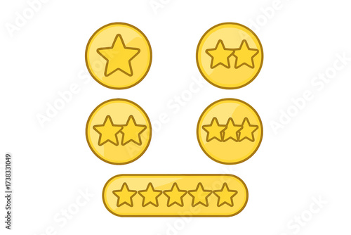 Golden star rating badges vector icon set. Customer product review and feedback symbols. Rank, level of satisfaction and quality signs. One, two, three and five stars illustration.