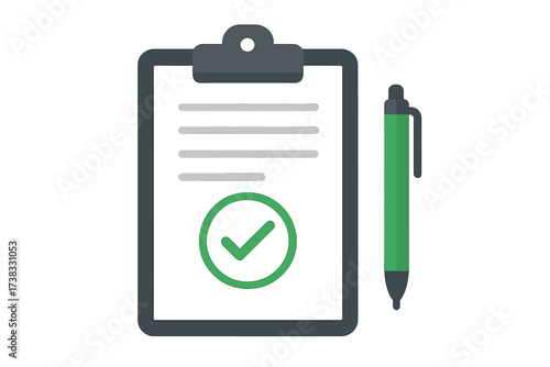 Application approved. Clipboard with document, green checkmark and pen. Passed test, accepted agreement, form completed successfully. Concept of success. Flat vector icon.