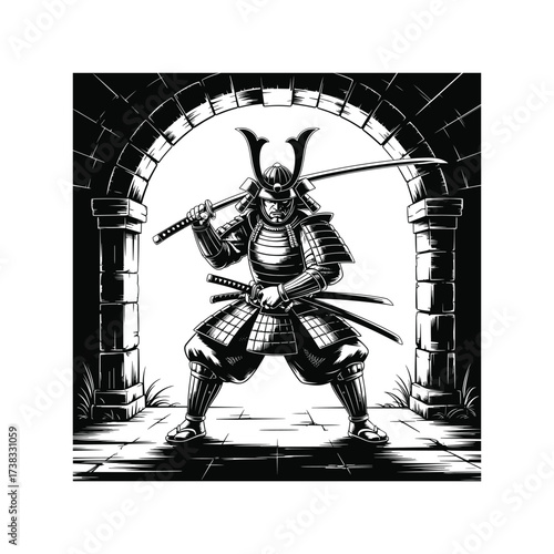 Fierce samurai warrior silhouette standing in archway holding katana ready for battle