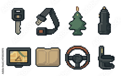 Pixel art car essentials set with key, seatbelt, air freshener, charger, gps, map, steering wheel, coffee