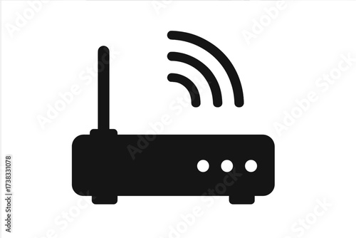Vector black router icon with antenna and wireless signal symbol, modern communication device illustration, network technology concept, minimalist internet connectivity graphic
