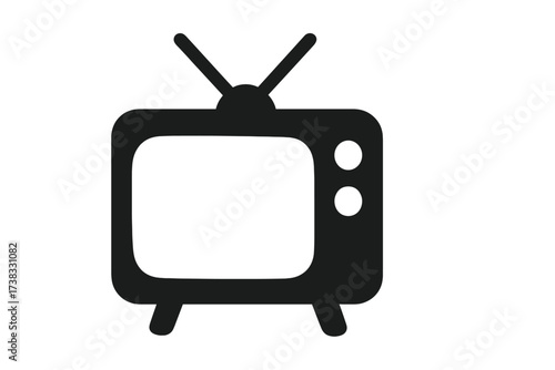 Vintage retro TV icon silhouette, classic television set graphic, old-fashioned TV vector illustration with antennas, media and entertainment symbol, black and white design