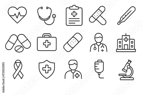 Medical and health care line icon set. Vector symbols for web, infographic. Doctor, hospital, pharmacy, first aid. Stethoscope, heart, rx, pills, microscope illustration.