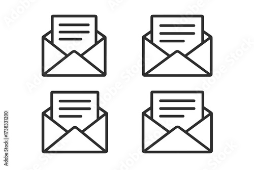Mail icon set. Open envelope with letter document. Message symbol collection. Communication, correspondence, newsletter concept. Email, post, office sign. Vector line illustration.