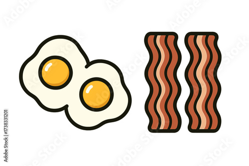 Vector fried eggs and bacon icon set, detailed breakfast food illustration with transparent background, classic morning meal symbols, vibrant colors and simple design