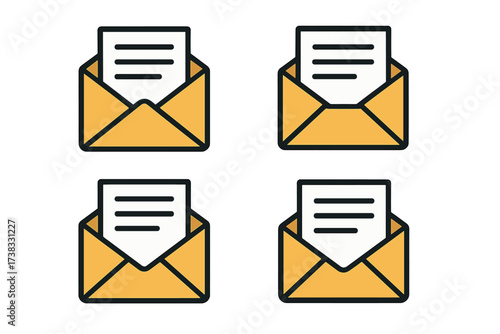 Mail icon set. Open envelope with letter. Paper document. Concept of communication, correspondence, business message. Email notification symbol. Office correspondence delivery.