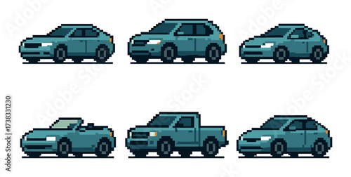 Pixel art vehicles collection: sedan, suv, convertible, pickup in blue tones
