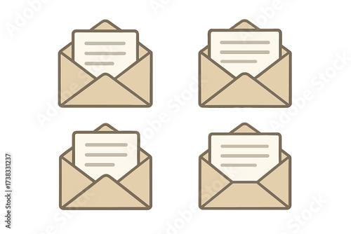 Set of open envelope icons with letter inside. Mail message symbol for web design. Paper document and correspondence concept. Postal service delivery. Vector graphic illustration.