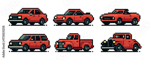 Six pixel art red cars on yellow background: classic and modern styles displayed