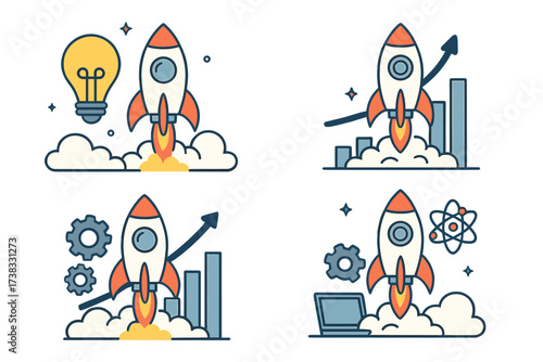 Startup business concept collection. Rocket launch metaphor for successful project start. Innovation strategy, boost technology idea. Spaceship growth chart. Vector illustration set.