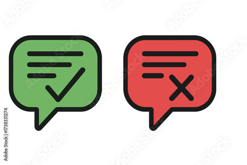 Dos and donts icon set. Speech bubble like checkmark and cross symbols for evaluation. Accept and reject checklist element. Positive and negative feedback. Yes and no vector.