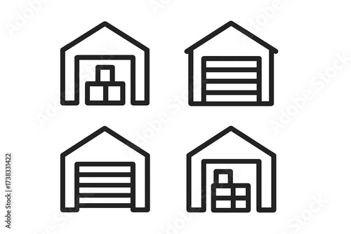 Warehouse storage icons set. Vector illustration of storage units with boxes, garage doors, warehouse buildings, logistics, transport, distribution, inventory management symbols
