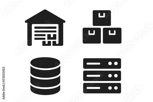 Warehouse storage, stacked packages, cylindrical database storage icon, data server racks, black silhouette set of logistics, technology infrastructure, data management, network hardware symbols