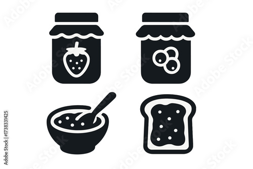 Jam and breakfast food vector icon set. Flat glyph collection including strawberry jam jar, berry preserve, toast with spread, and a bowl of oatmeal. Healthy eating symbols.