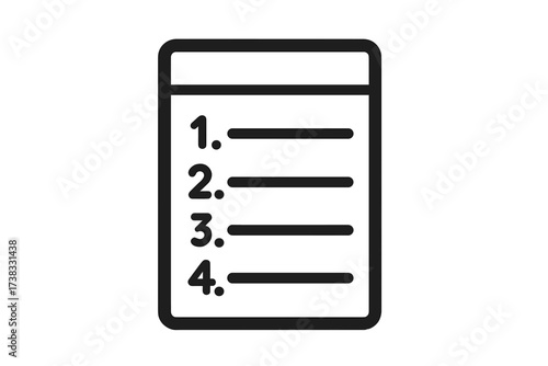 Vector checklist icon for to-do list or task management. Numbered list for planning, steps, or workflow. Business document, survey, or form symbol for web and app design.