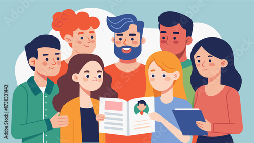A group of friends critiquing their appearances and comparing themselves to the men featured in magazine ads during a casual hangout.. Vector illustration