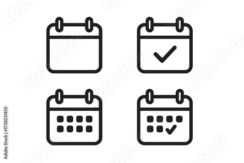 Calendar icons set with check marks and date blocks, minimalistic vector illustration, day planner symbols, schedule and appointment reminders, time management concept