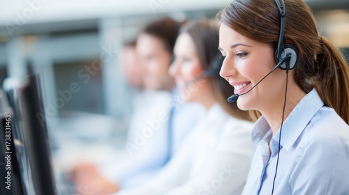 Smiling customer service representative assisting clients in a busy call center environment