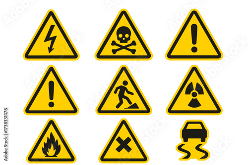 Warning sign icon set. Hazard symbols collection. Vector illustration of danger, caution, and attention signs. High voltage, poison, radioactive, fire, and slippery road icons.