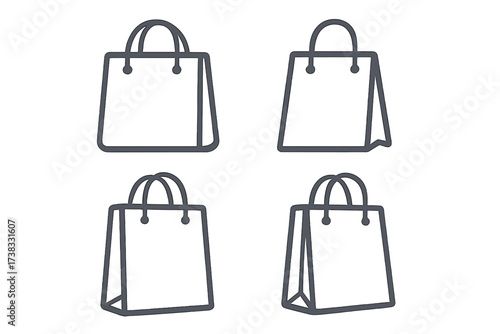 Vector shopping bag set with transparent background. Four styles of shopping tote bags outline. Minimalist vector illustration for retail, fashion, shopping concepts.