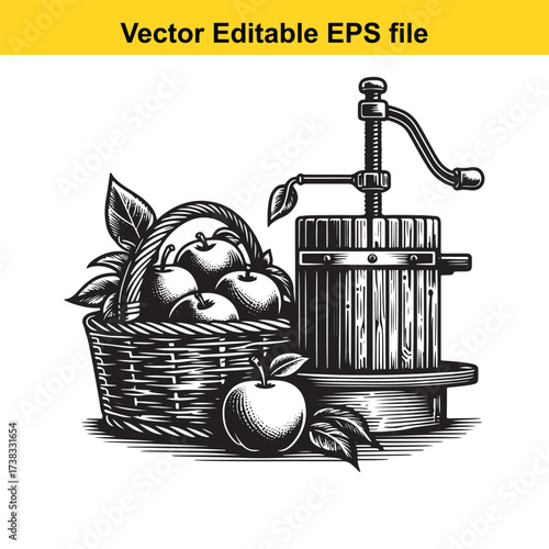 Vector art of vintage apple press and basket of apples