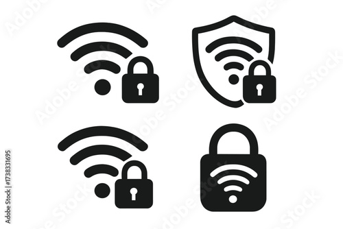 WiFi Internet Security Icons Vector Set, Wireless Network Protection Symbols with Lock, Secure WiFi Signal, Data Privacy, Safe Connection Concept, Transparent Background