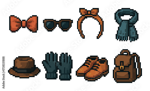 Pixel art accessories collection: hats, shoes, gloves, scarves, glasses, bowties, backpacks