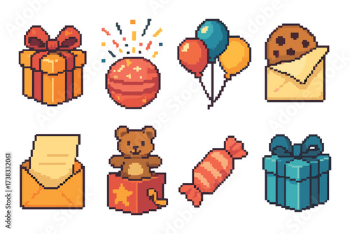 Colorful pixel art icons: gifts, balloons, and celebratory elements