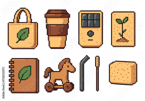 Pixel art eco-friendly items collection with tote bag and wooden horse