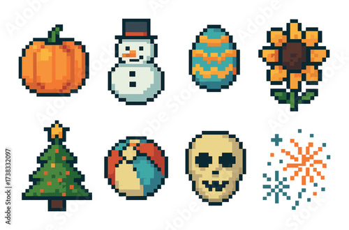 Colorful pixel art icons: pumpkin, snowman, easter egg, sunflower, christmas tree, penguin, skull, fireworks