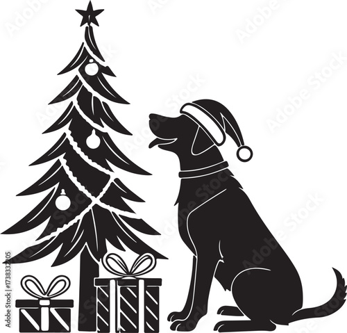 Vector silhouette of a playful dog wearing a Santa hat